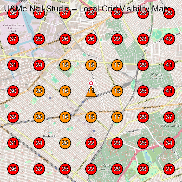 U&Me Nail Studio GeoGrid visibility map for Nail Salon in Queens